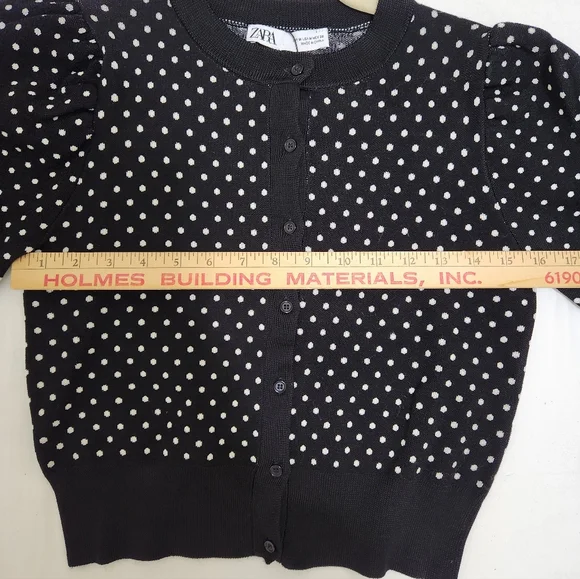 Zara Black Knit Cardigan with White Polka Dots. Size Medium - Picture 6 of 9
